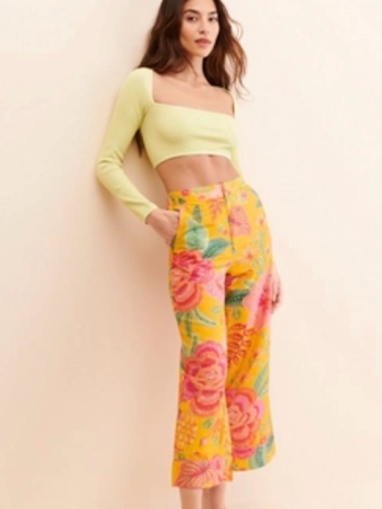 FARM Rio Pants - FARM Rio Macaw Bloom Tropical Print Pants Wide Leg Ruffle Hem Yellow Size M